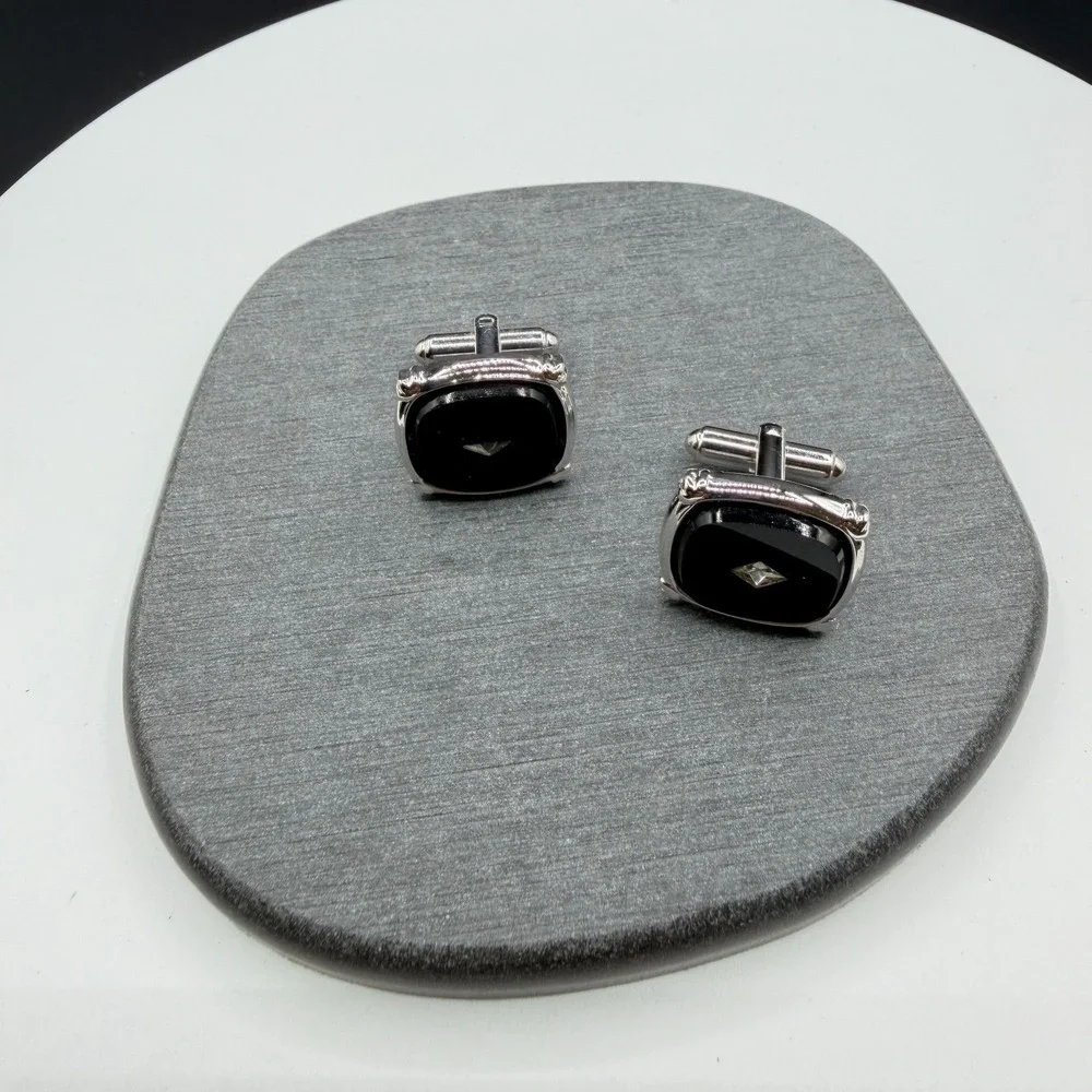 Black Stone Cufflinks Silver Tone Square Rhinestone Formal Wedding Gift for Him